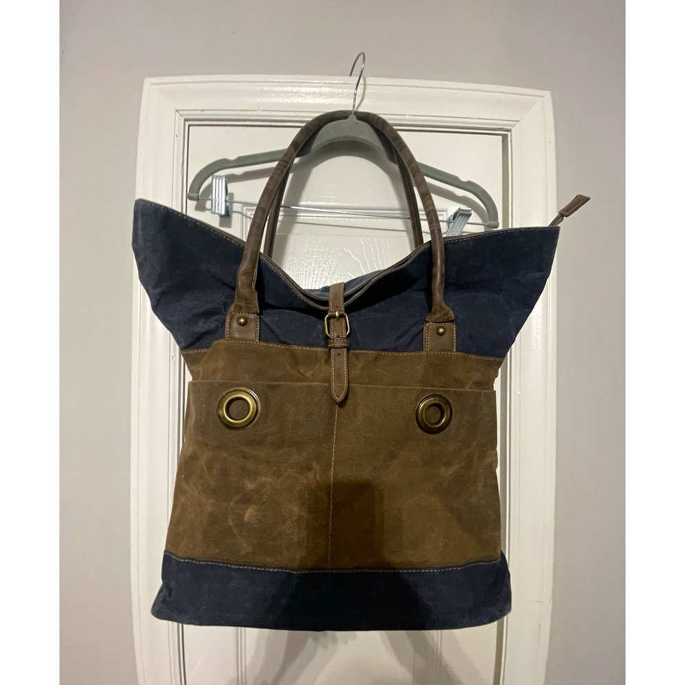 Cargo It Brown Blue Colorblock Canvas Tote Bag Zip Pockets Women